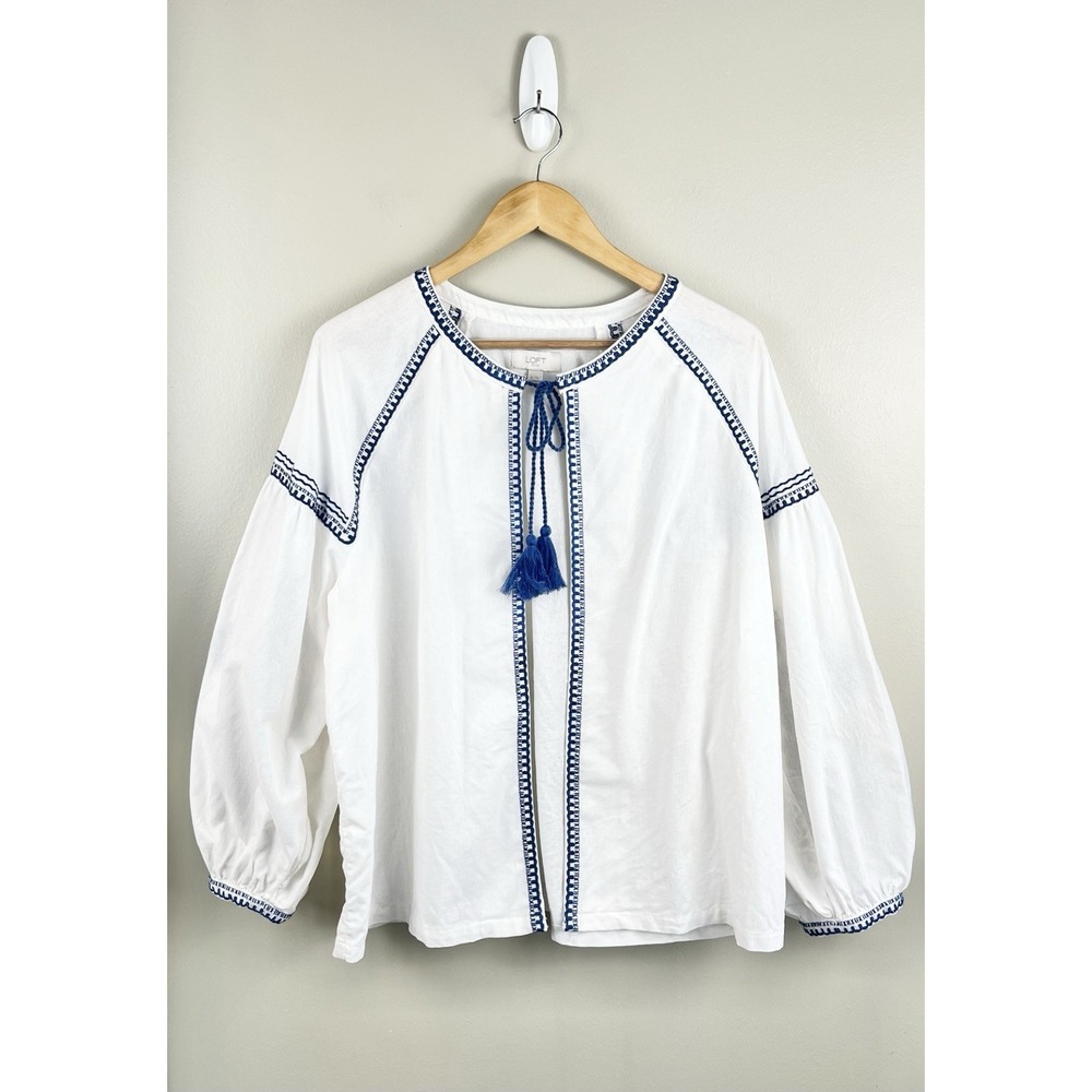 Loft Embroidered Linen Cotton Blend Open Front Cardigan Tassel‎ XL Boho Beach